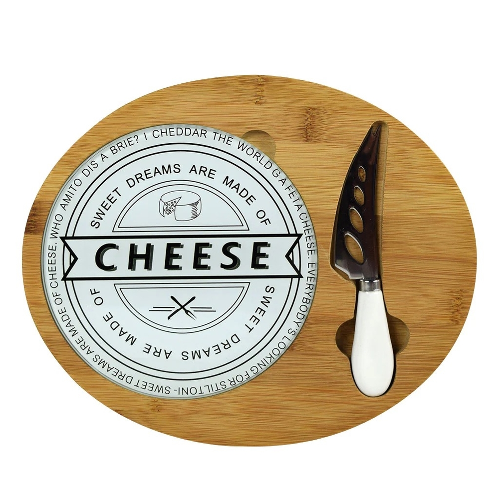 Bamboo cutting board with round ceramic cheese plate and knife